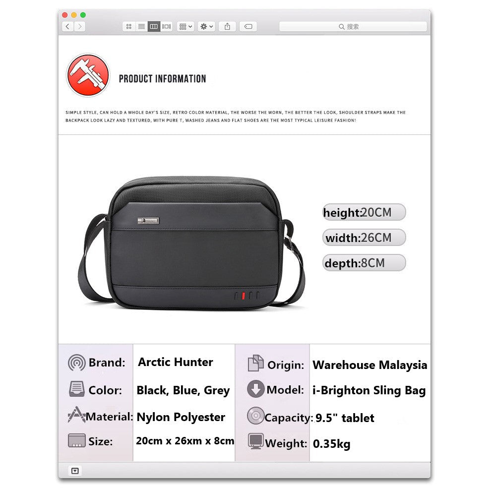 Arctic Hunter i-Brighton Horizontal Sling Bag (9.7" Tablet)