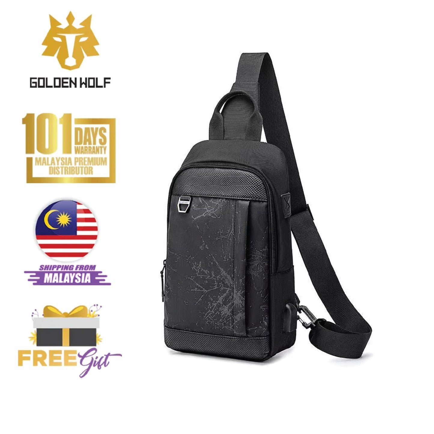 Golden Wolf Garo Sling Bag - Anti-Theft Zipper Crossbody Travel Light Weight